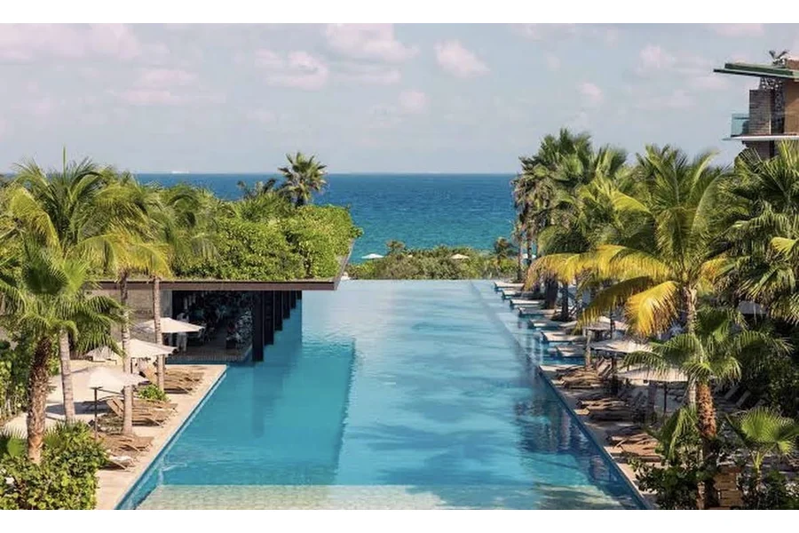 シカレホテルの、海に向かってまっすぐ伸びるインフィニティプール。両側にヤシの木とデッキチェアが並ぶ
