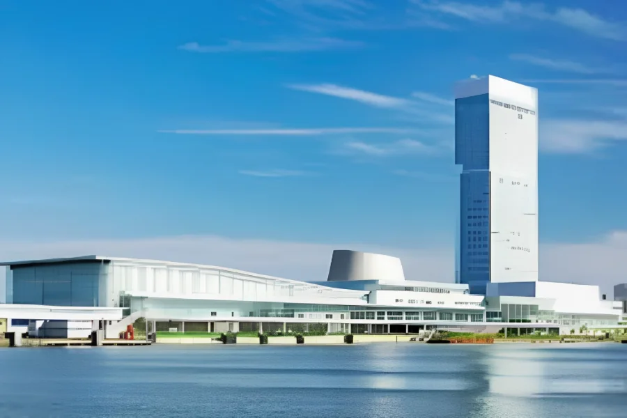 朱鷺メッセの外観。信濃川ごしに見た建物で、細長い高層タワーの手前に低くのびる展示ホールが並び、水面に映り込んでいる